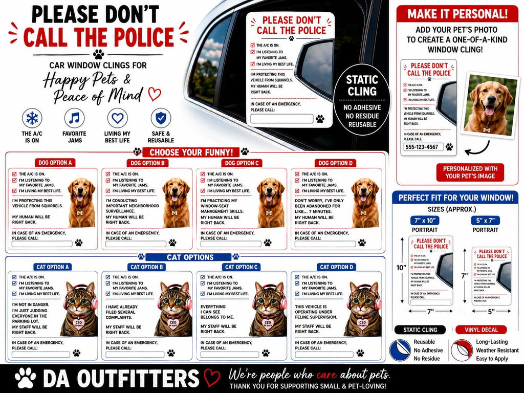 Funny Pet Car Window Cling | Please Don’t Call Police Dog & Cat Vehicle Decal | Personalized Pet Photo Static Cling | Emergency Contact Sign