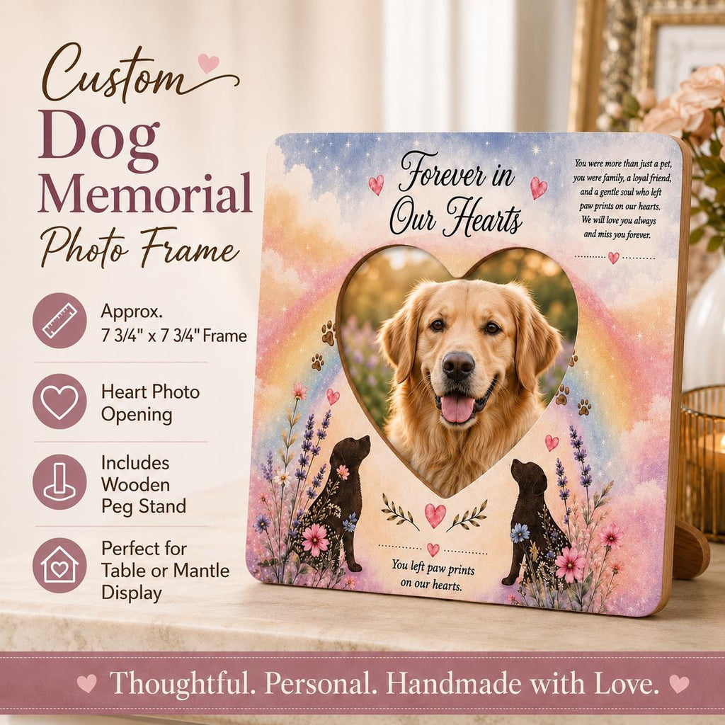 Custom Pet Memorial Photo Frame, Dog or Cat Memorial Frame, Rainbow Bridge Pet Loss Gift, Heart Photo Opening, Sympathy Keepsake
