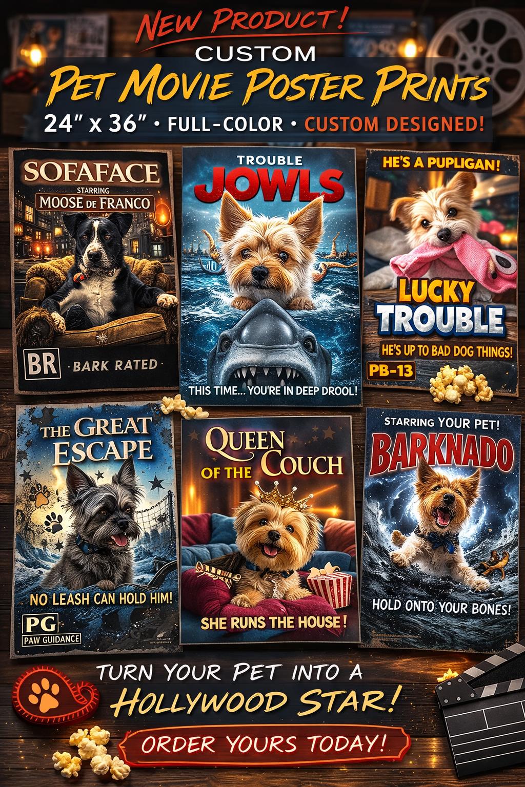 Custom Pet Movie Poster Print – Personalized Dog or Cat Hollywood Style Poster – Funny Pet Wall Art – Custom Pet Gift – 24x36 Poster