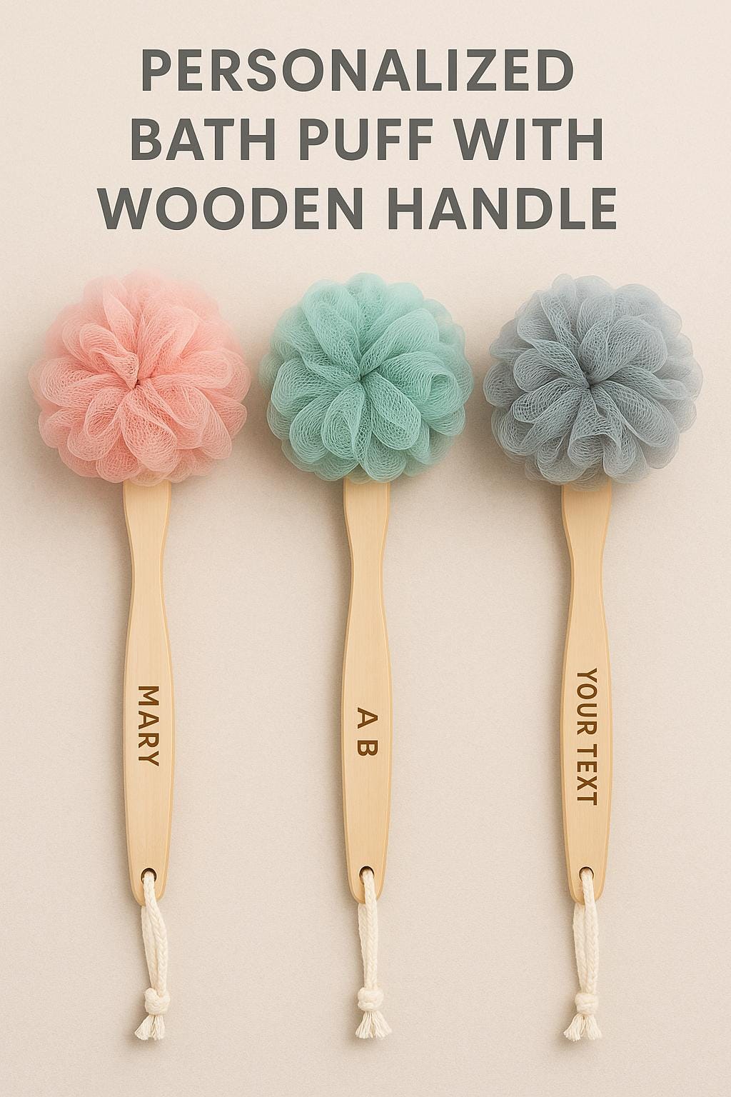 Personalized Bath Puff With Wooden Handle -Exfoliating Body Sponge