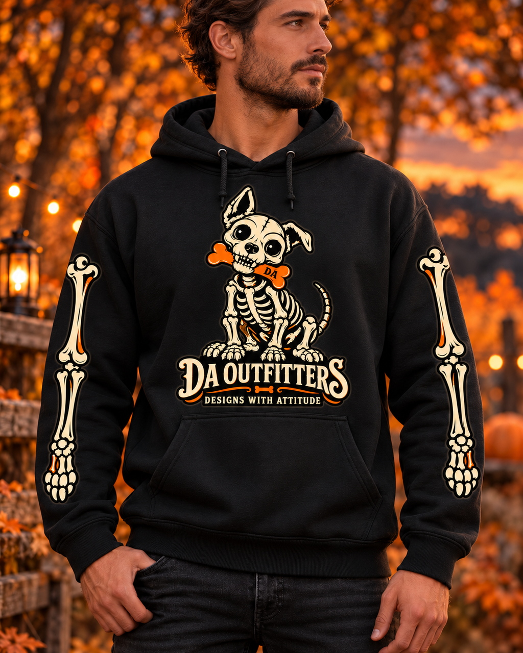 Black skeleton dog hoodie worn outdoors in autumn — digital mockup