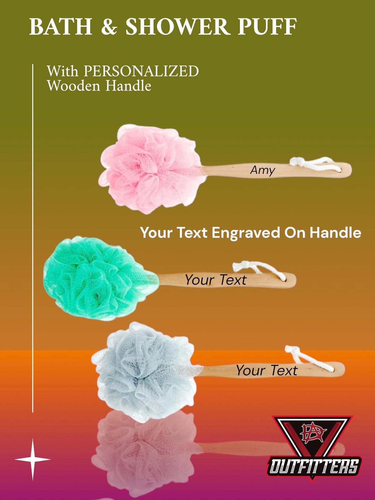Personalized Bath Puff With Wooden Handle -Exfoliating Body Sponge
