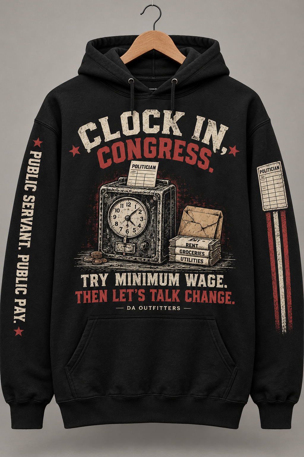 Black Clock In Congress hoodie with vintage timeclock and Public Servant Public Pay sleeve — digital mockup