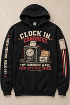 Clock In Congress hoodie flat lay showing both sleeve designs — digital mockup