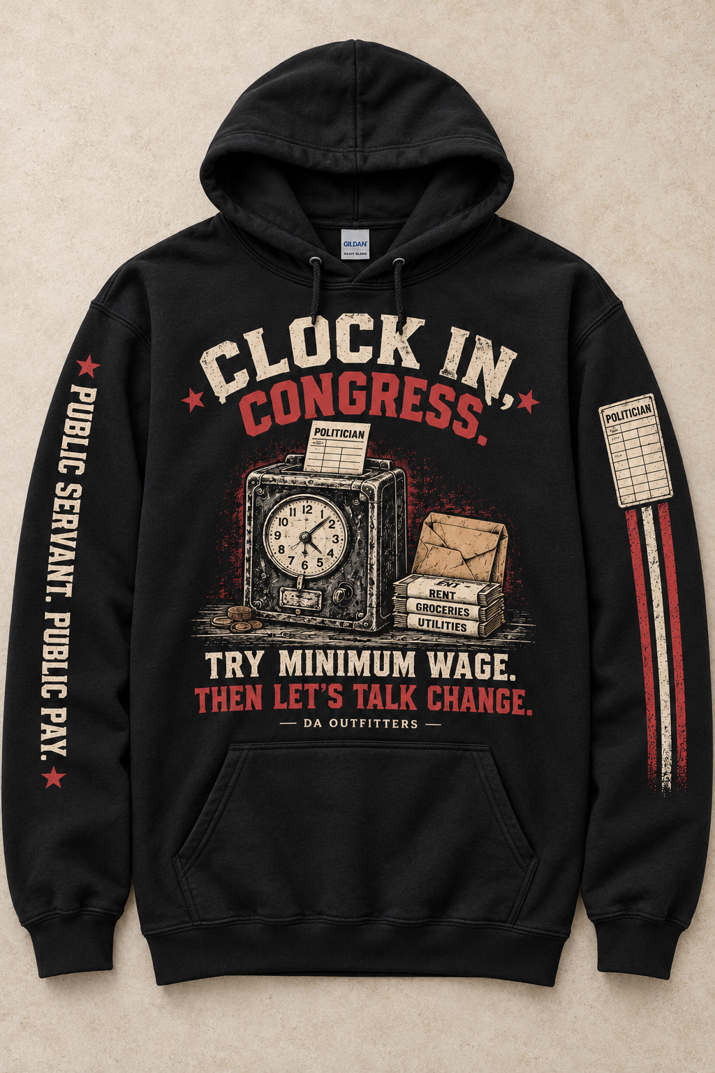 Clock In Congress hoodie flat lay showing both sleeve designs — digital mockup