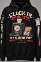 Close-up of Clock In Congress vintage timeclock and minimum wage slogan — digital mockup
