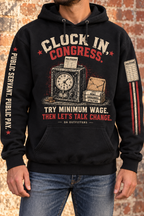 Clock In Congress hoodie worn outdoors with both sleeve designs visible — digital mockup