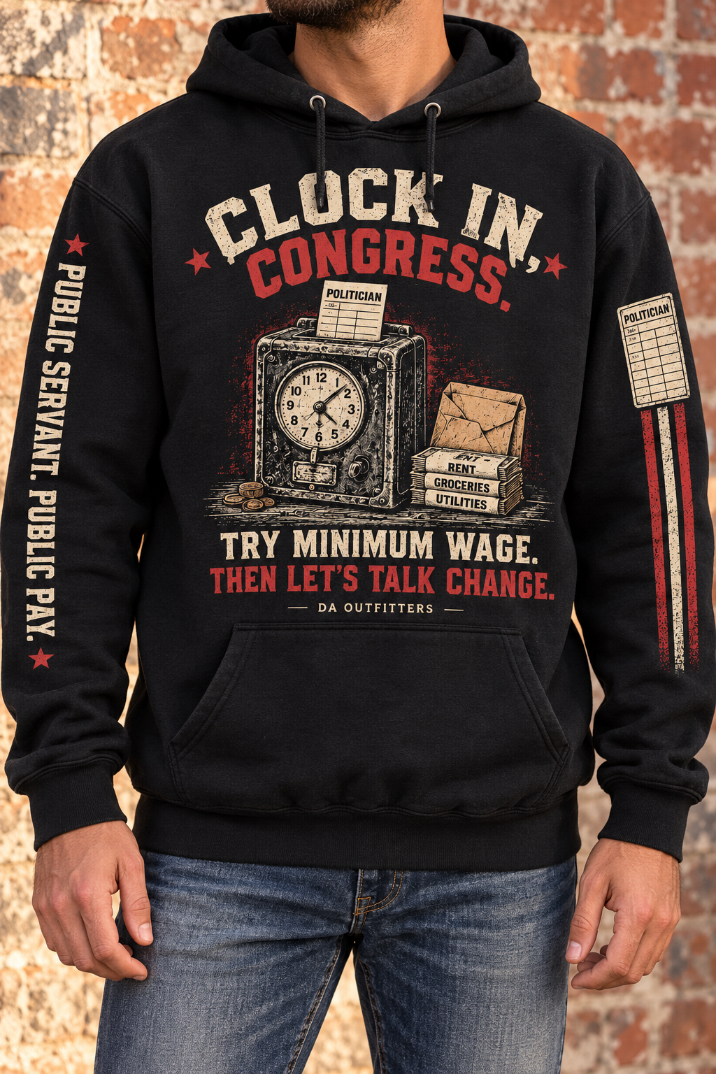 Clock In Congress hoodie worn outdoors with both sleeve designs visible — digital mockup