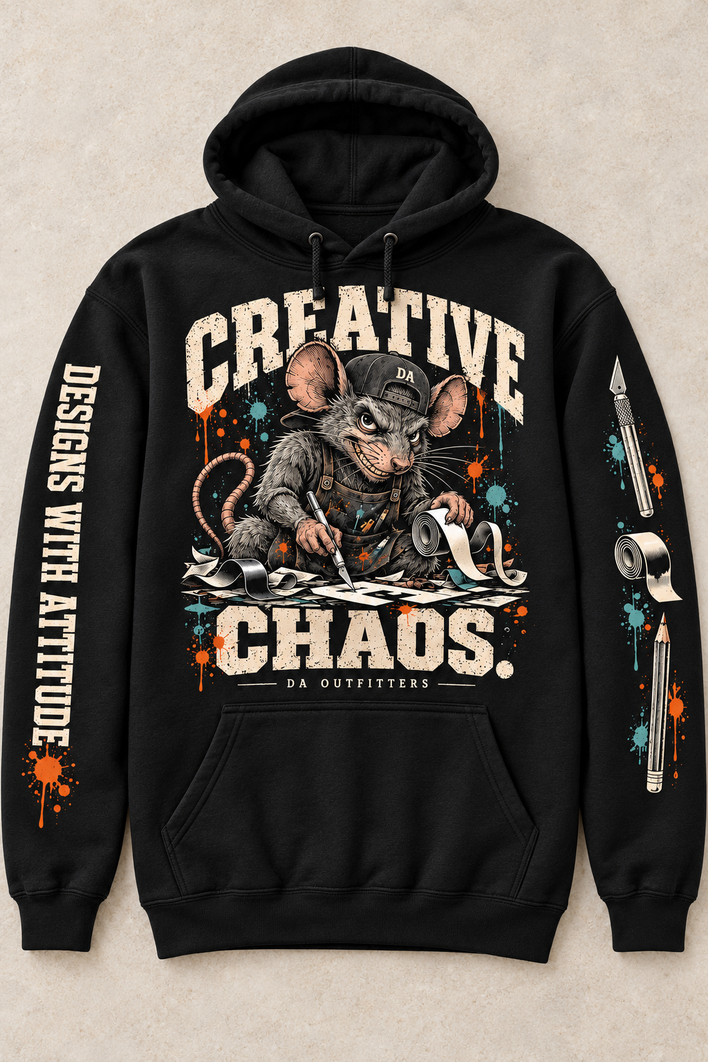 Creative Chaos hoodie flat lay showing both printed sleeves — digital mockup