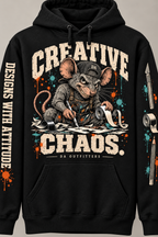 Close-up of DA rat, Creative Chaos lettering, and craft artwork — digital mockup