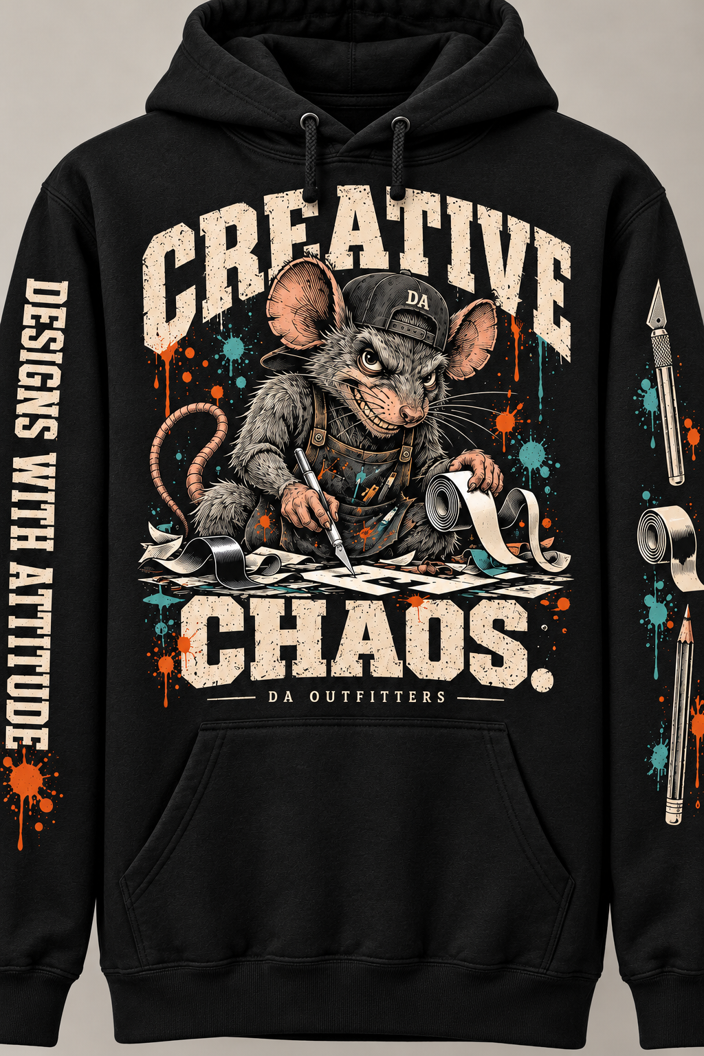 Close-up of DA rat, Creative Chaos lettering, and craft artwork — digital mockup