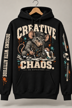 Black Creative Chaos DA rat hoodie with lettering and craft tool sleeve prints — digital mockup