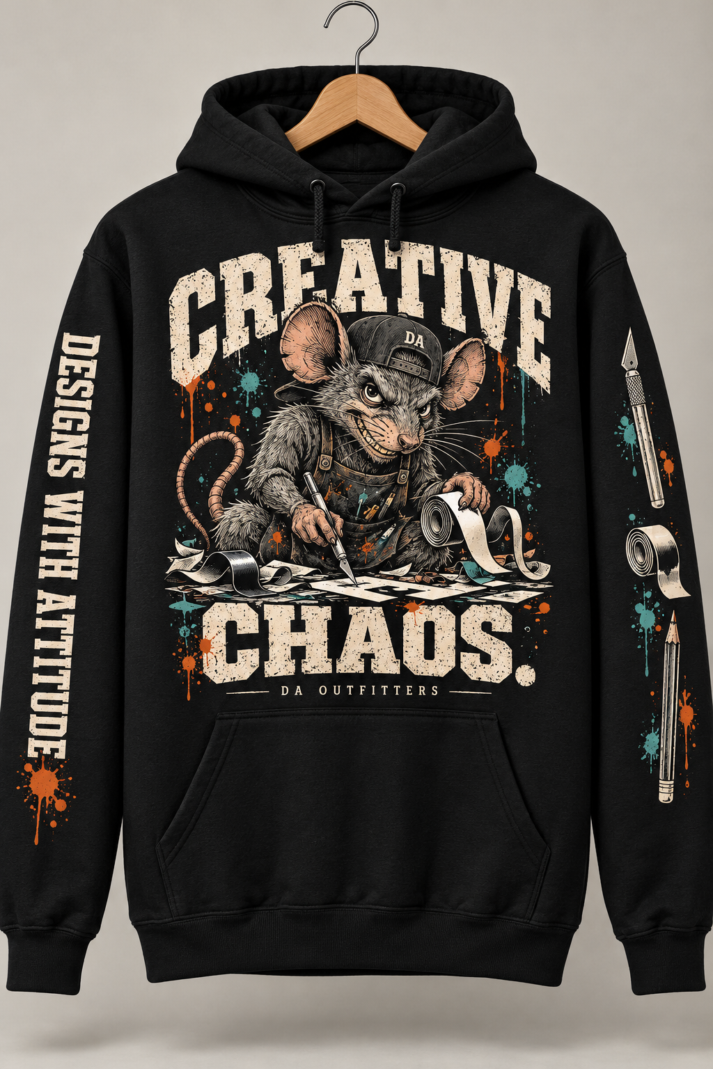 Black Creative Chaos DA rat hoodie with lettering and craft tool sleeve prints — digital mockup