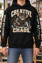 Creative Chaos hoodie worn in a design studio, showing front and sleeve artwork — digital mockup