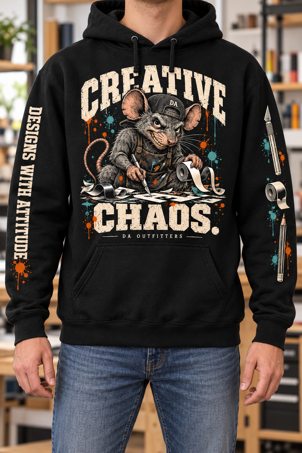 Creative Chaos hoodie worn in a design studio, showing front and sleeve artwork — digital mockup