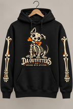 Black DA Outfitters skeleton dog hoodie with matching bone sleeve graphics — digital mockup