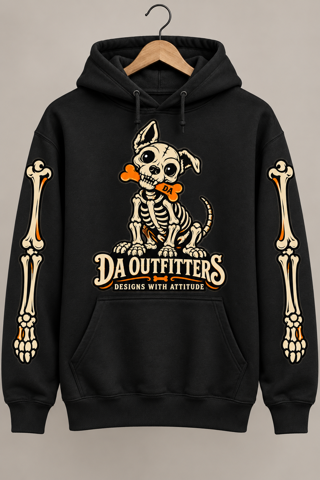 Black DA Outfitters skeleton dog hoodie with matching bone sleeve graphics — digital mockup
