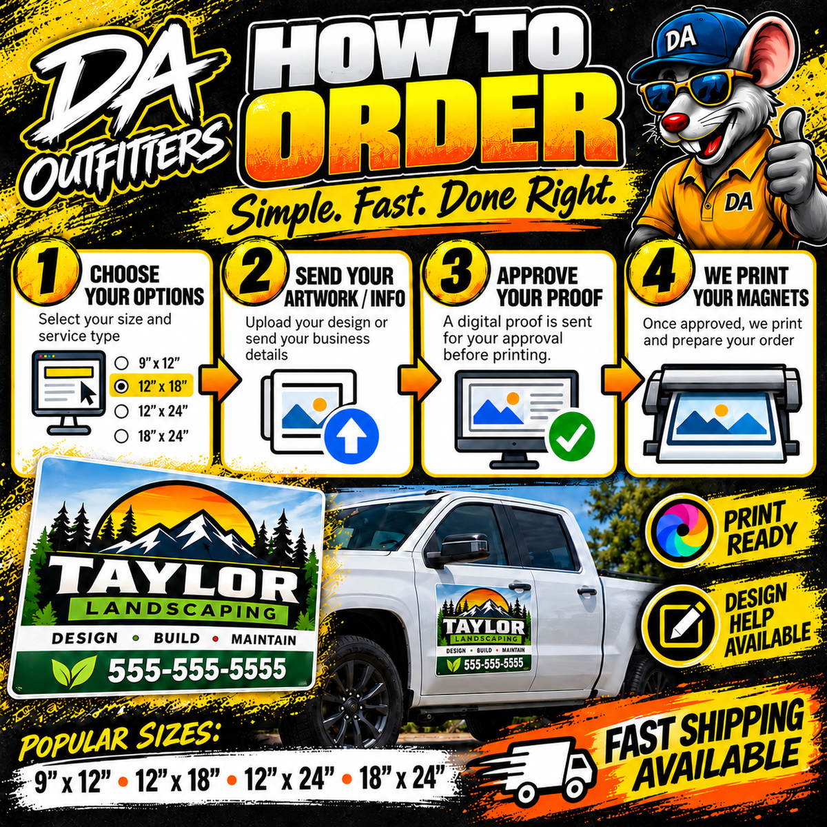 How to order DA Outfitters custom vehicle magnets: size, artwork, approval, printing