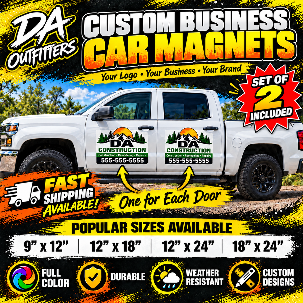 DA Outfitters custom business car magnets set of 2 on a work truck, four sizes available
