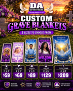 Five grave blanket sizes and prices: pet 1x3 $59; infant 2x3 $69; child 2x5 $89; adult 3x6 $129; full tomb 4x8 $209.