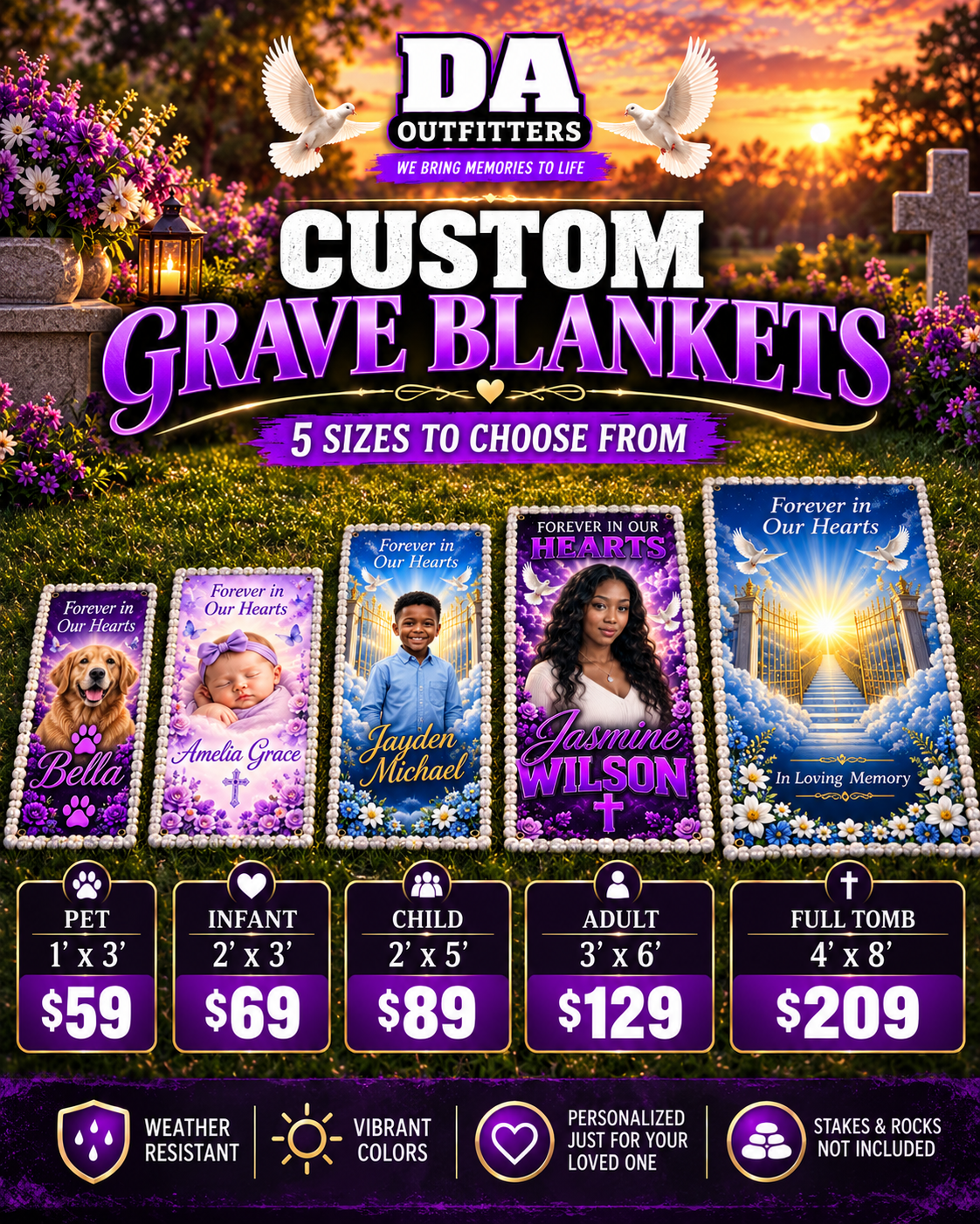 Five grave blanket sizes and prices: pet 1x3 $59; infant 2x3 $69; child 2x5 $89; adult 3x6 $129; full tomb 4x8 $209.