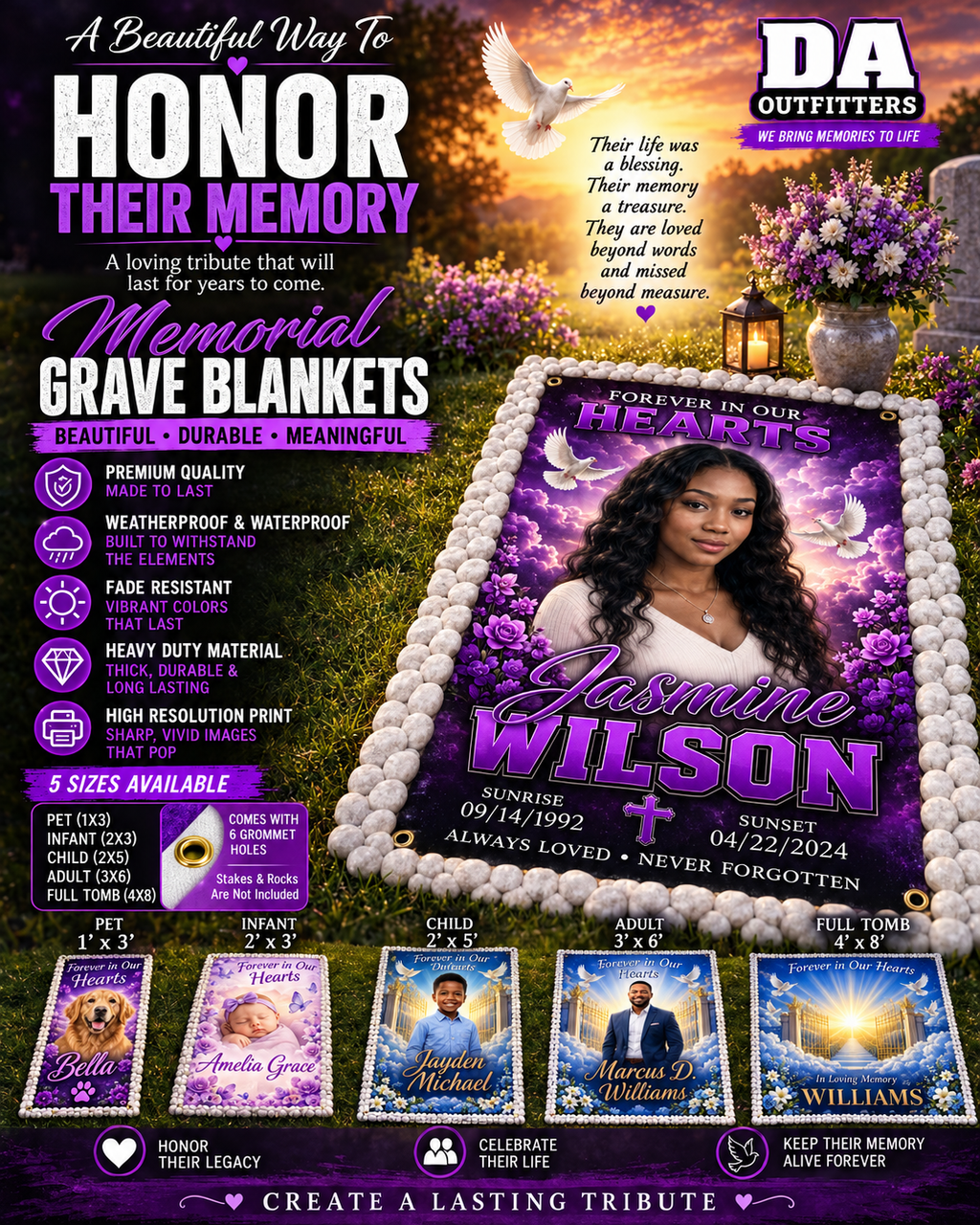 DA Outfitters custom memorial grave blankets, personalized with names, photos and heartfelt designs; five sizes available.