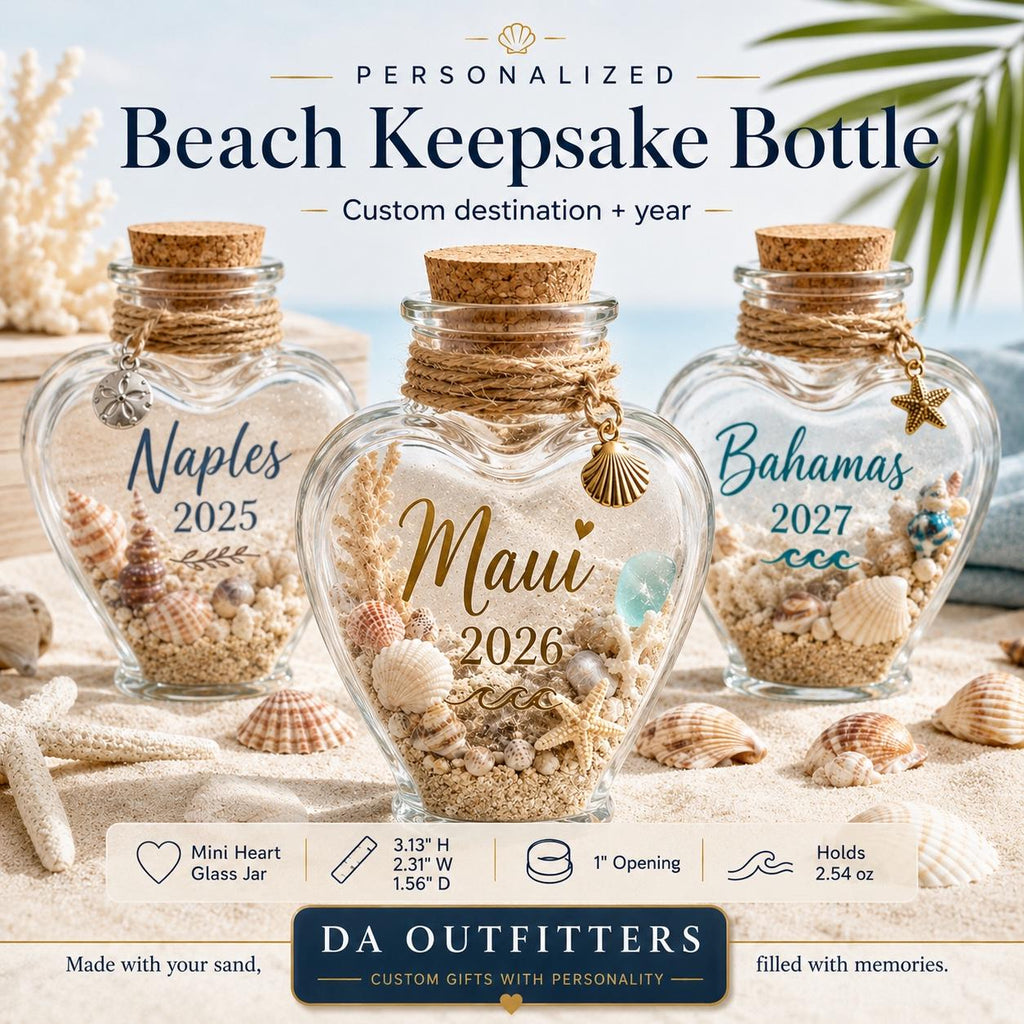 Personalized Beach Keepsake Bottle | Custom Vacation Sand Jar | Mini Heart Glass Jar | Beach Trip Honeymoon Cruise Memory Gift