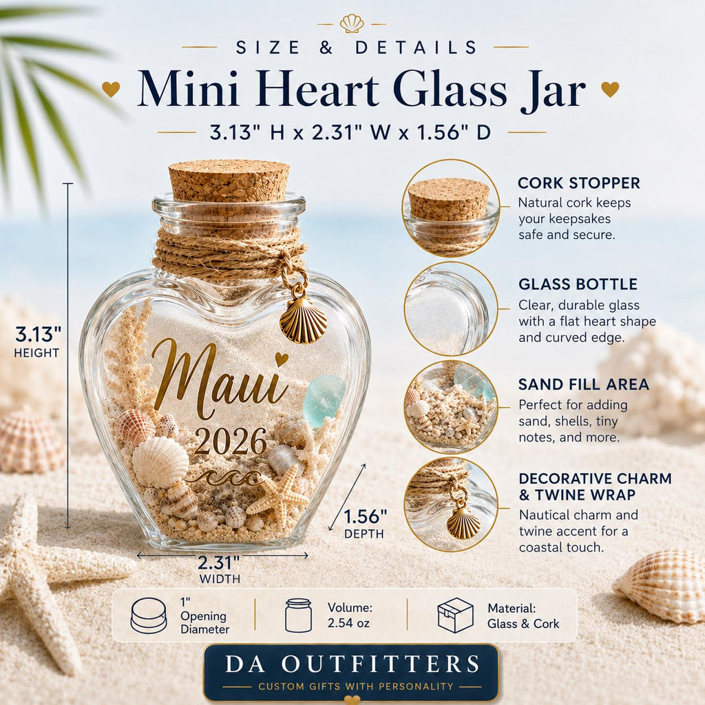 Personalized Beach Keepsake Bottle | Custom Vacation Sand Jar | Mini Heart Glass Jar | Beach Trip Honeymoon Cruise Memory Gift