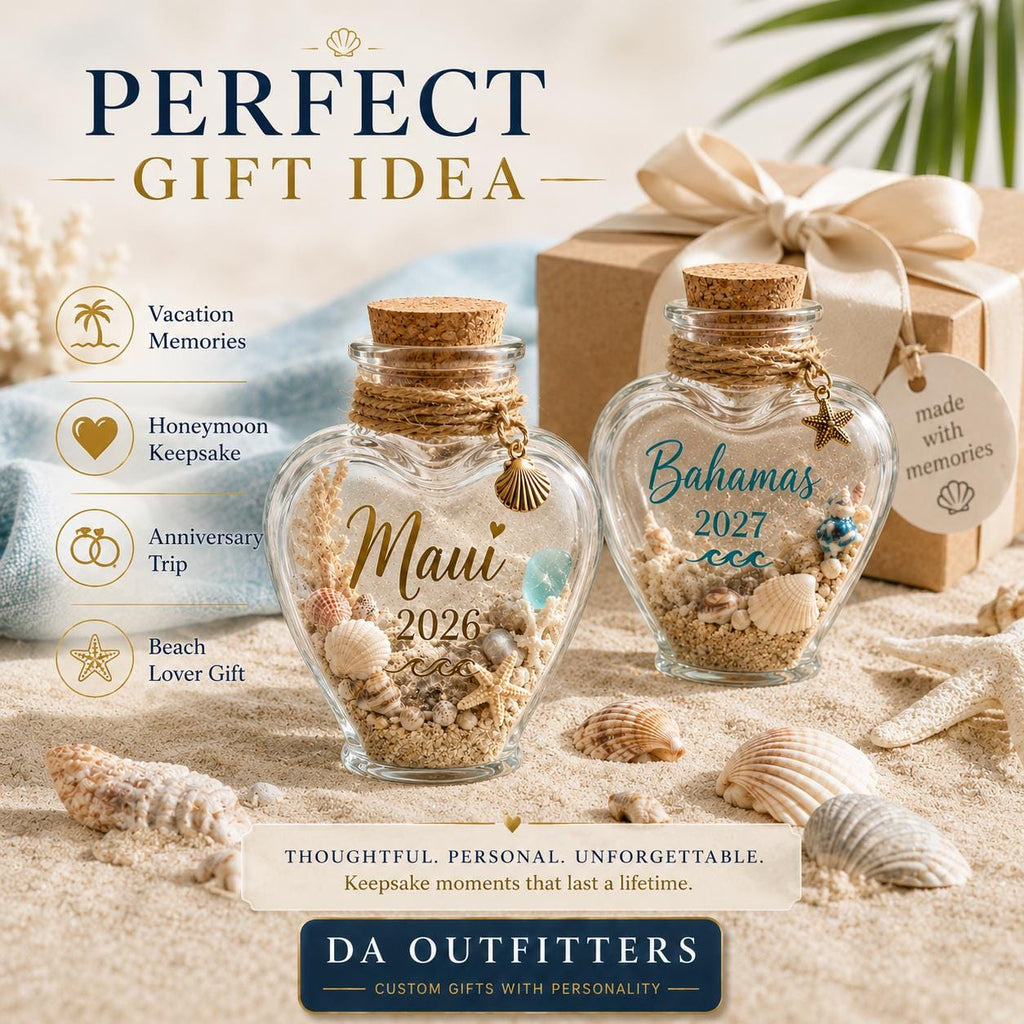 Personalized Beach Keepsake Bottle | Custom Vacation Sand Jar | Mini Heart Glass Jar | Beach Trip Honeymoon Cruise Memory Gift