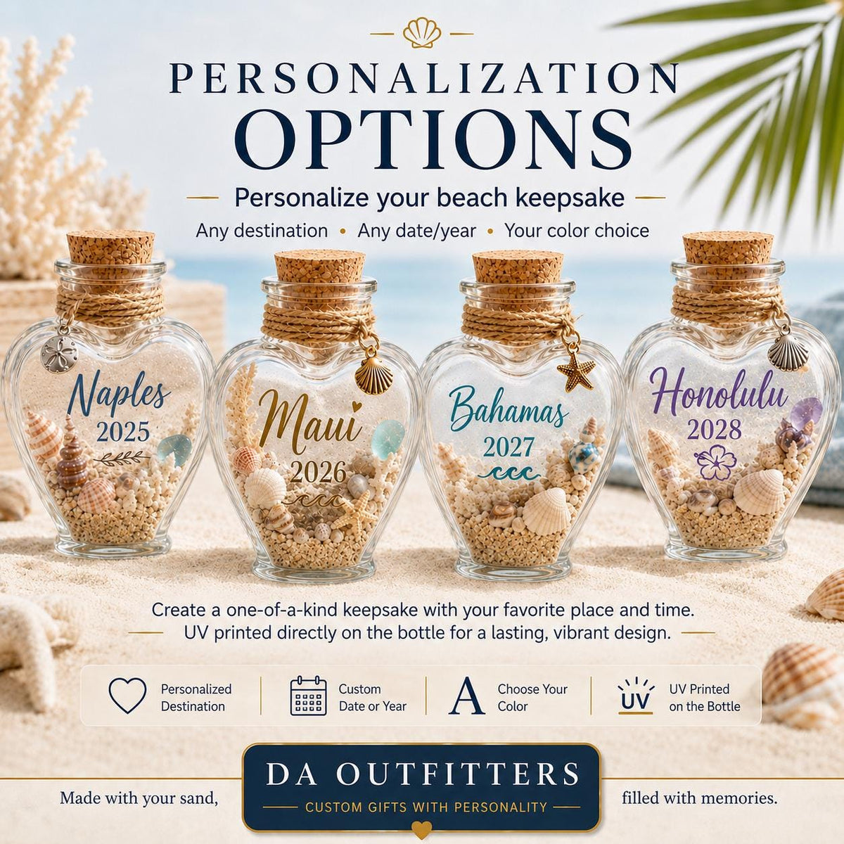 Personalized Beach Keepsake Bottle | Custom Vacation Sand Jar | Mini Heart Glass Jar | Beach Trip Honeymoon Cruise Memory Gift