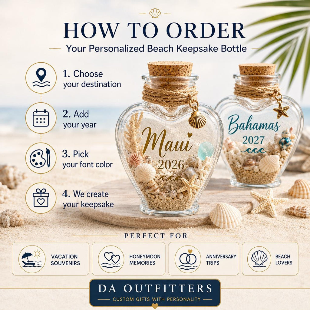 Personalized Beach Keepsake Bottle | Custom Vacation Sand Jar | Mini Heart Glass Jar | Beach Trip Honeymoon Cruise Memory Gift