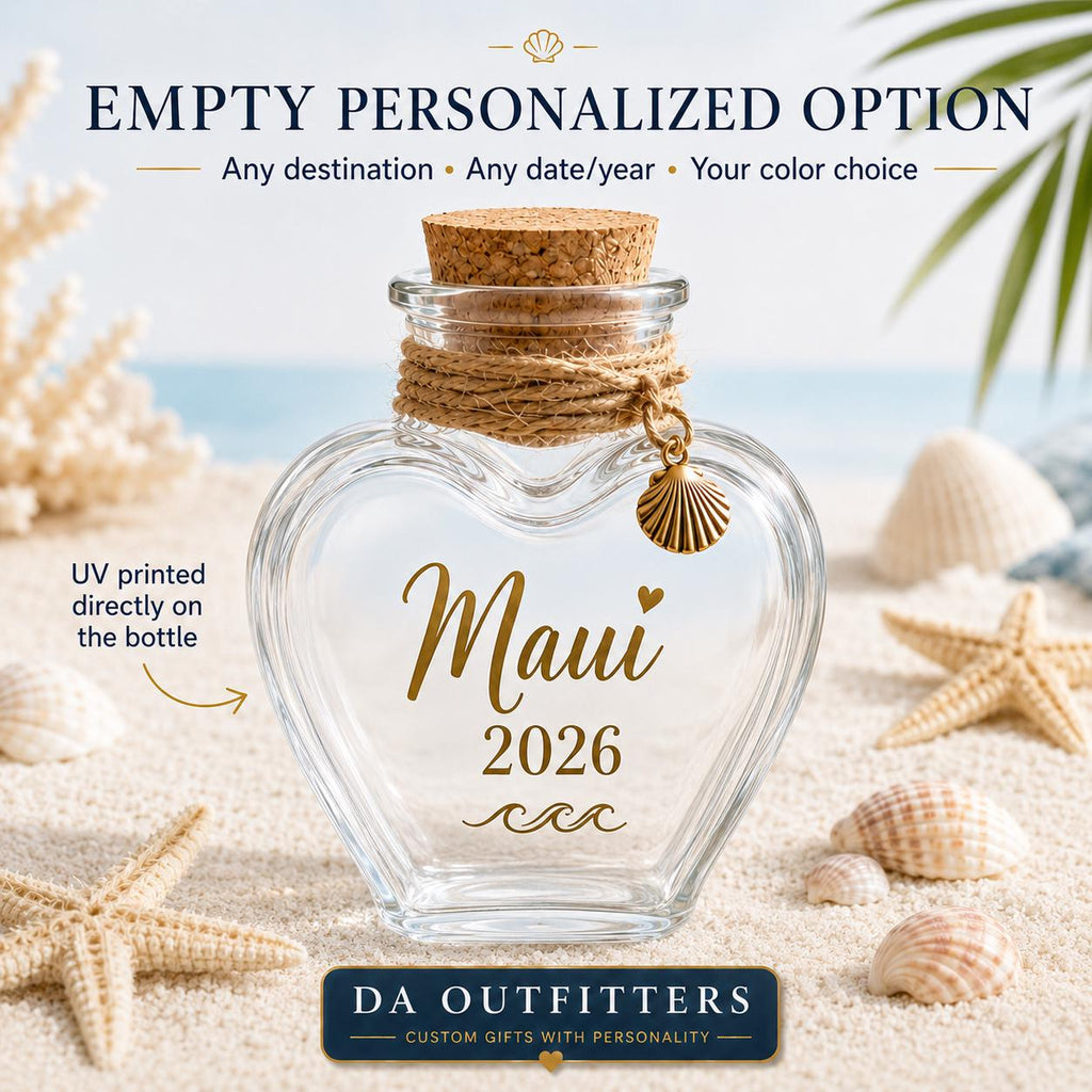 Personalized Beach Keepsake Bottle | Custom Vacation Sand Jar | Mini Heart Glass Jar | Beach Trip Honeymoon Cruise Memory Gift