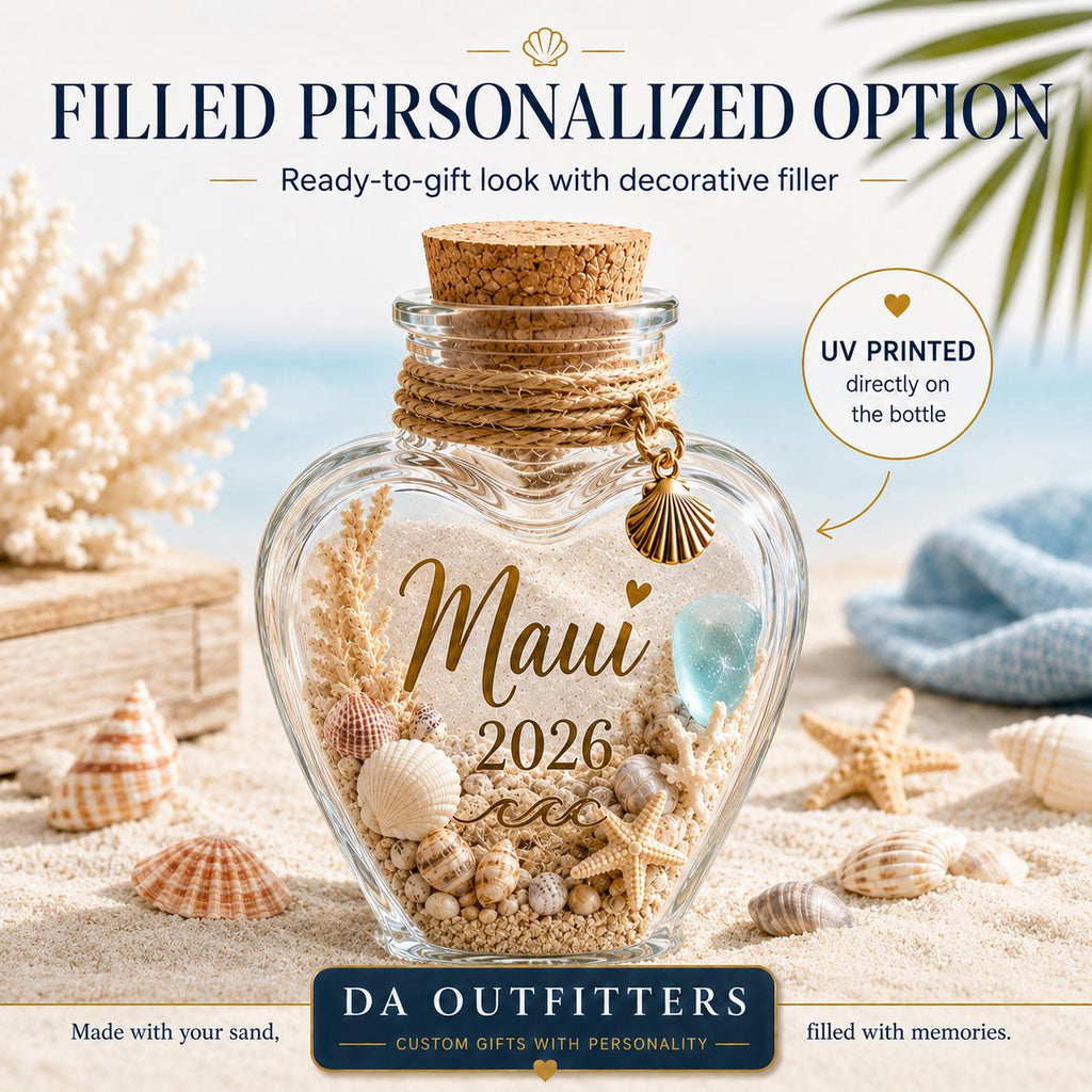 Personalized Beach Keepsake Bottle | Custom Vacation Sand Jar | Mini Heart Glass Jar | Beach Trip Honeymoon Cruise Memory Gift