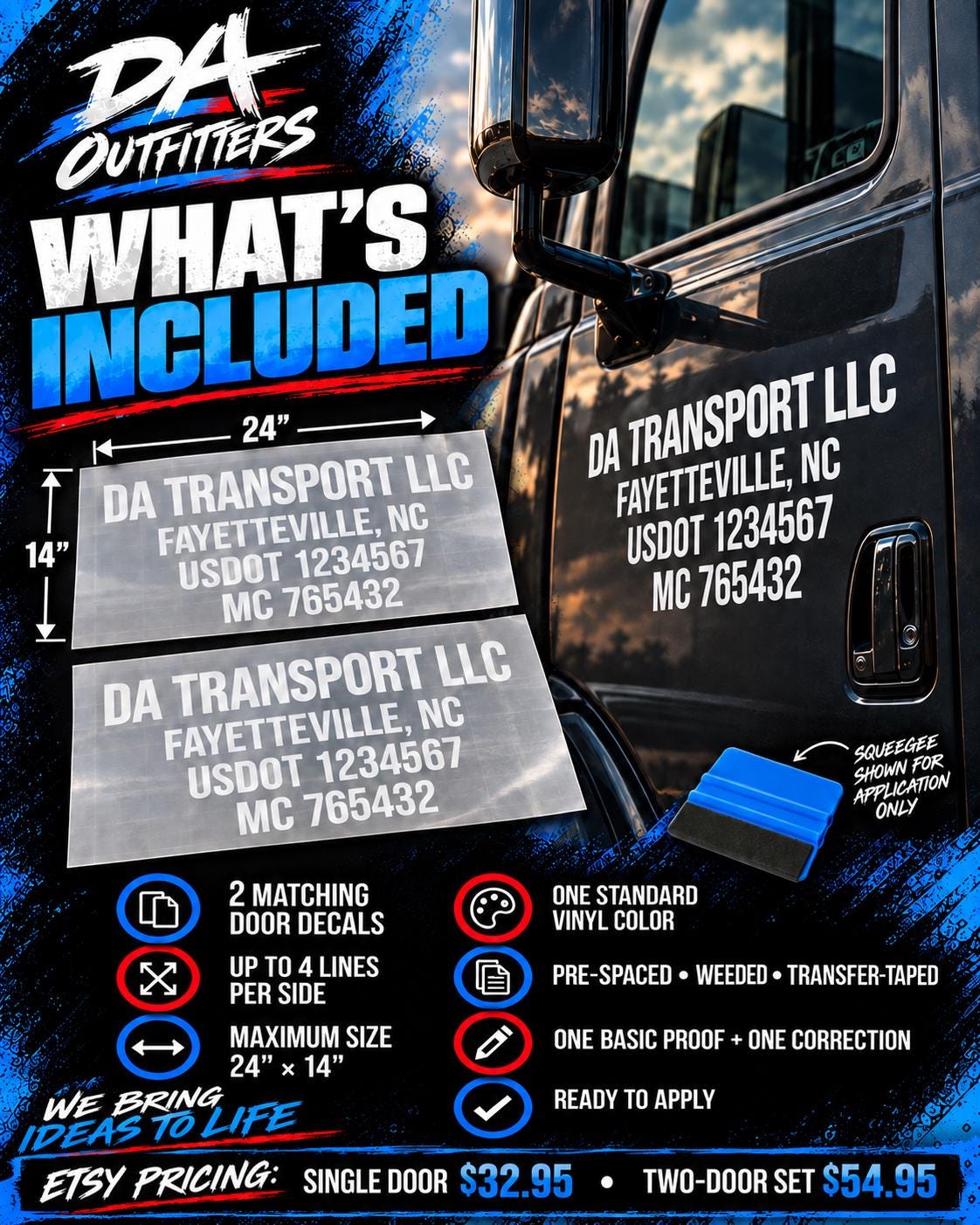 Custom USDOT Truck Door Lettering Decal Kit, Commercial Vehicle Business Name and DOT Number Vinyl, Single or Two Door Set