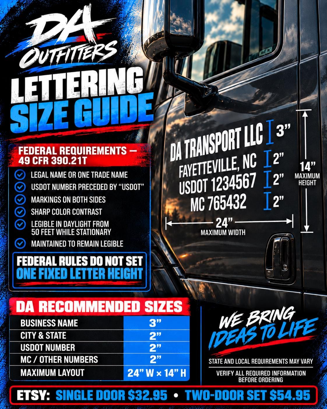 Custom USDOT Truck Door Lettering Decal Kit, Commercial Vehicle Business Name and DOT Number Vinyl, Single or Two Door Set