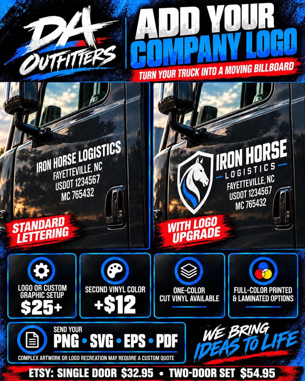 Custom USDOT Truck Door Lettering Decal Kit, Commercial Vehicle Business Name and DOT Number Vinyl, Single or Two Door Set
