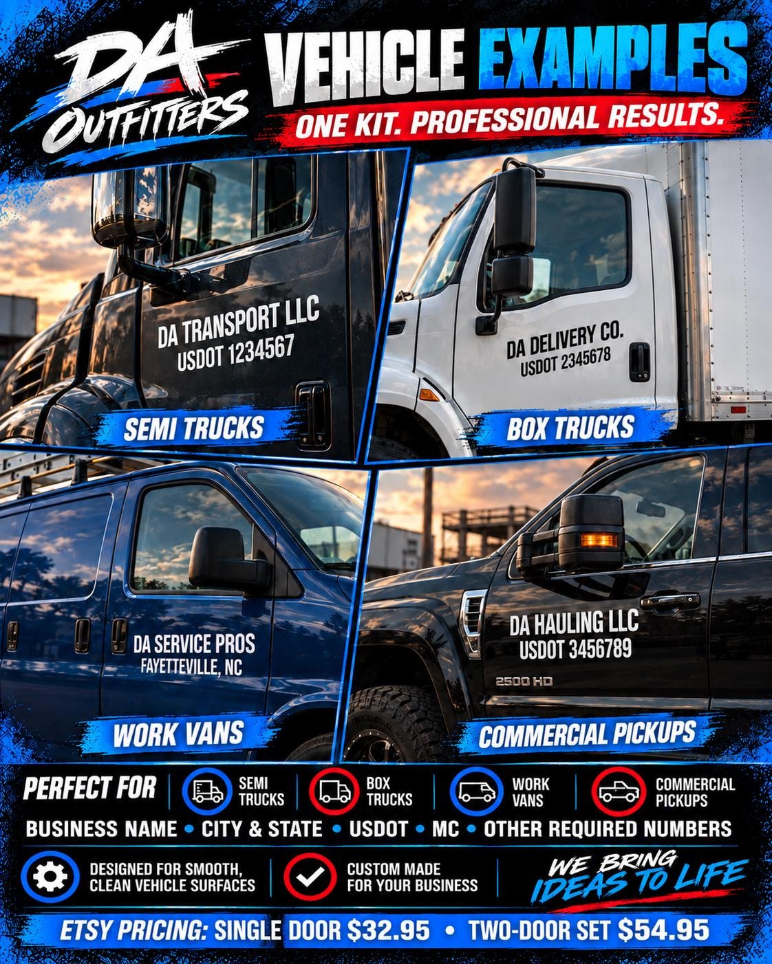 Custom USDOT Truck Door Lettering Decal Kit, Commercial Vehicle Business Name and DOT Number Vinyl, Single or Two Door Set