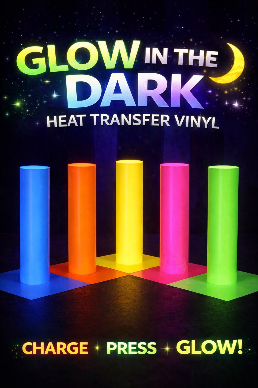 Glow in the Dark Heat Transfer Vinyl – 19.5” x 1 Yard HTV Roll – Blue, Green, Orange, Pink or Yellow – Shirt Craft Vinyl