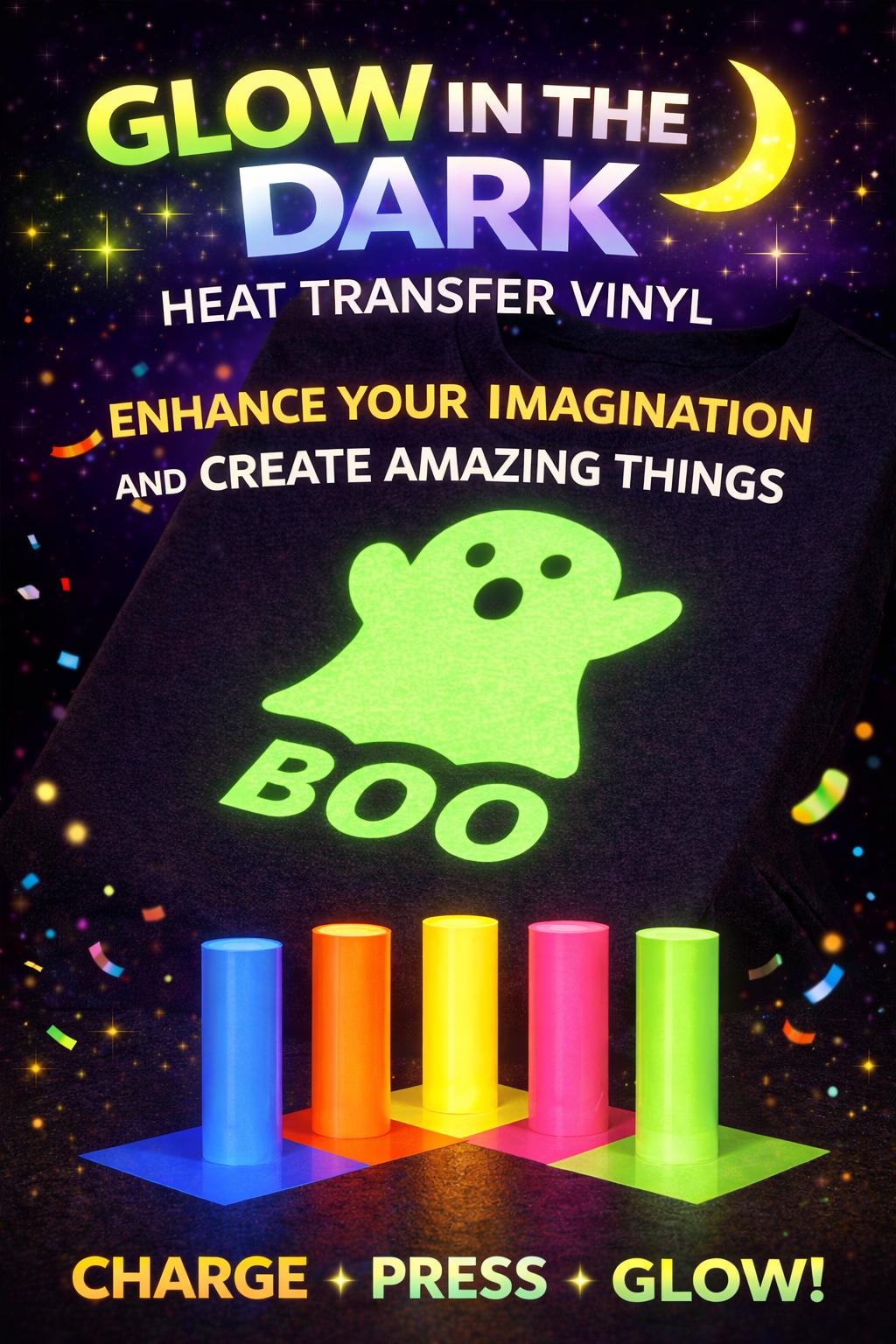 Glow in the Dark Heat Transfer Vinyl – 19.5” x 1 Yard HTV Roll – Blue, Green, Orange, Pink or Yellow – Shirt Craft Vinyl