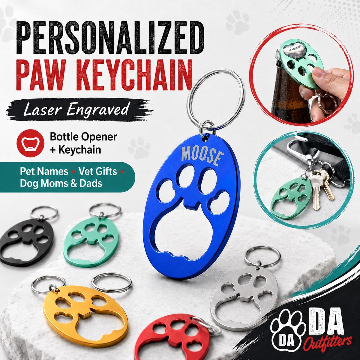 Personalized Paw Keychain Bottle Opener, Custom Laser Engraved Pet Name Keychain, Dog Mom Gift, Vet Tech Gift, Pet Lover Gift, Paw Bottle Op