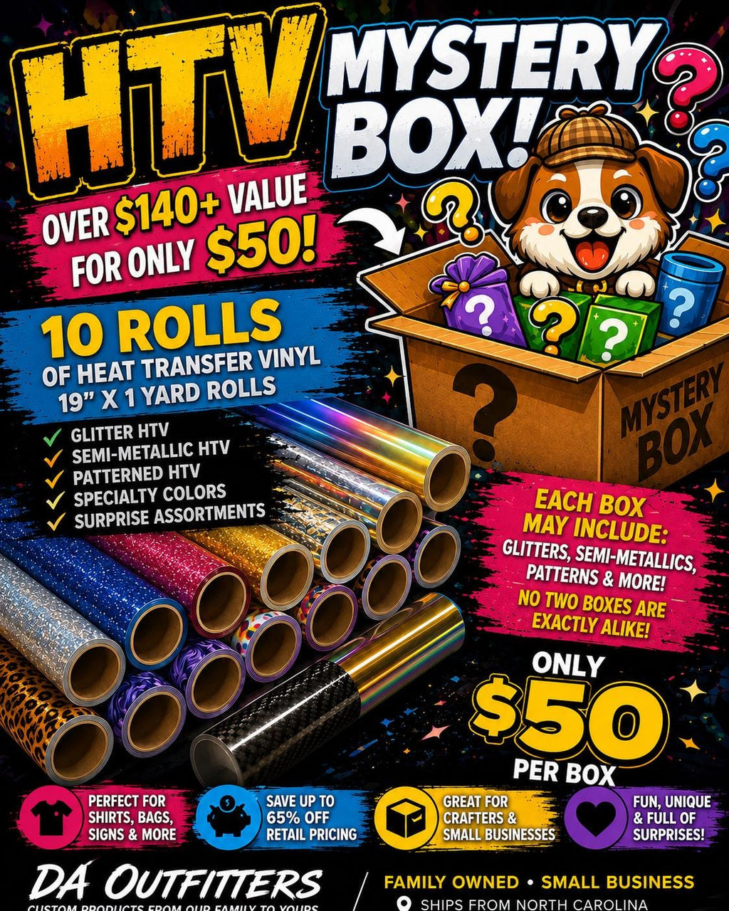 HTV Mystery Box | 10 Rolls Heat Transfer Vinyl | Glitter HTV | Pattern HTV | Circuit Vinyl Bundle | 100+ Value | Craft Supply