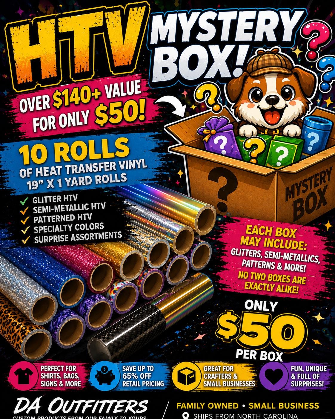 HTV Mystery Box | 10 Rolls Heat Transfer Vinyl | Glitter HTV | Pattern HTV | Circuit Vinyl Bundle | 100+ Value | Craft Supply