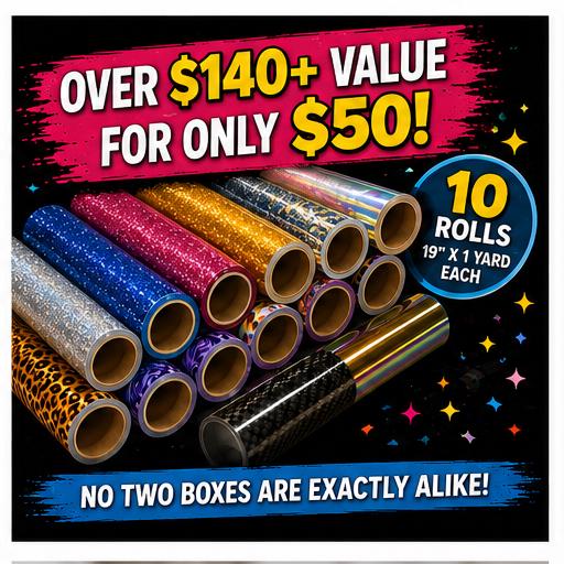 HTV Mystery Box | 10 Rolls Heat Transfer Vinyl | Glitter HTV | Pattern HTV | Circuit Vinyl Bundle | 100+ Value | Craft Supply