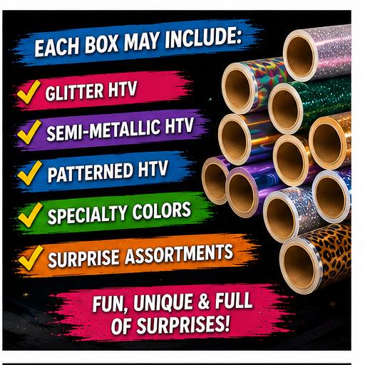 HTV Mystery Box | 10 Rolls Heat Transfer Vinyl | Glitter HTV | Pattern HTV | Circuit Vinyl Bundle | 100+ Value | Craft Supply