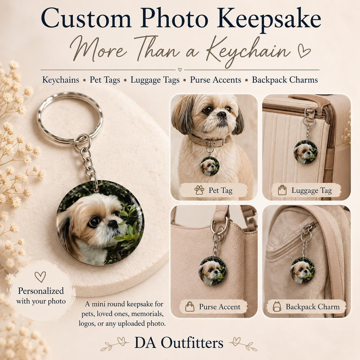 Custom Photo Keepsake Charm | Personalized Pet Tag Keychain | Luggage Tag Purse Accent | Backpack Charm | Upload Your Own Photo Gift