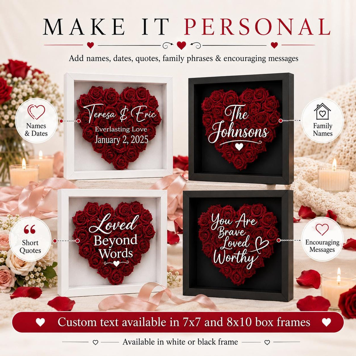 Custom Flower Heart Shadow Box for Her, Rose Shadow Box with Name,Heart Shaped Flower Box, Anniversary Gift, Valentine's Day Gift