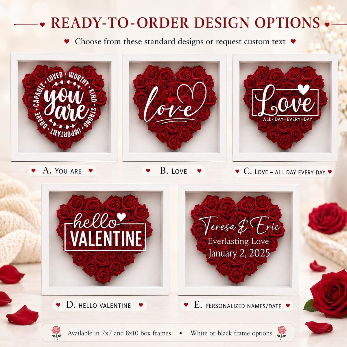 Custom Flower Heart Shadow Box for Her, Rose Shadow Box with Name,Heart Shaped Flower Box, Anniversary Gift, Valentine's Day Gift