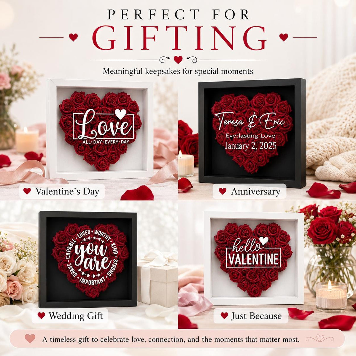 Custom Flower Heart Shadow Box for Her, Rose Shadow Box with Name,Heart Shaped Flower Box, Anniversary Gift, Valentine's Day Gift