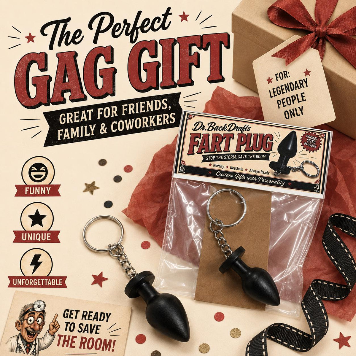 Dr. BackDrafts Fart Plug Novelty Keychain | Funny Gag Gift | White Elephant Gift | Coworker Prank | Adult Humor Stocking Stuffer