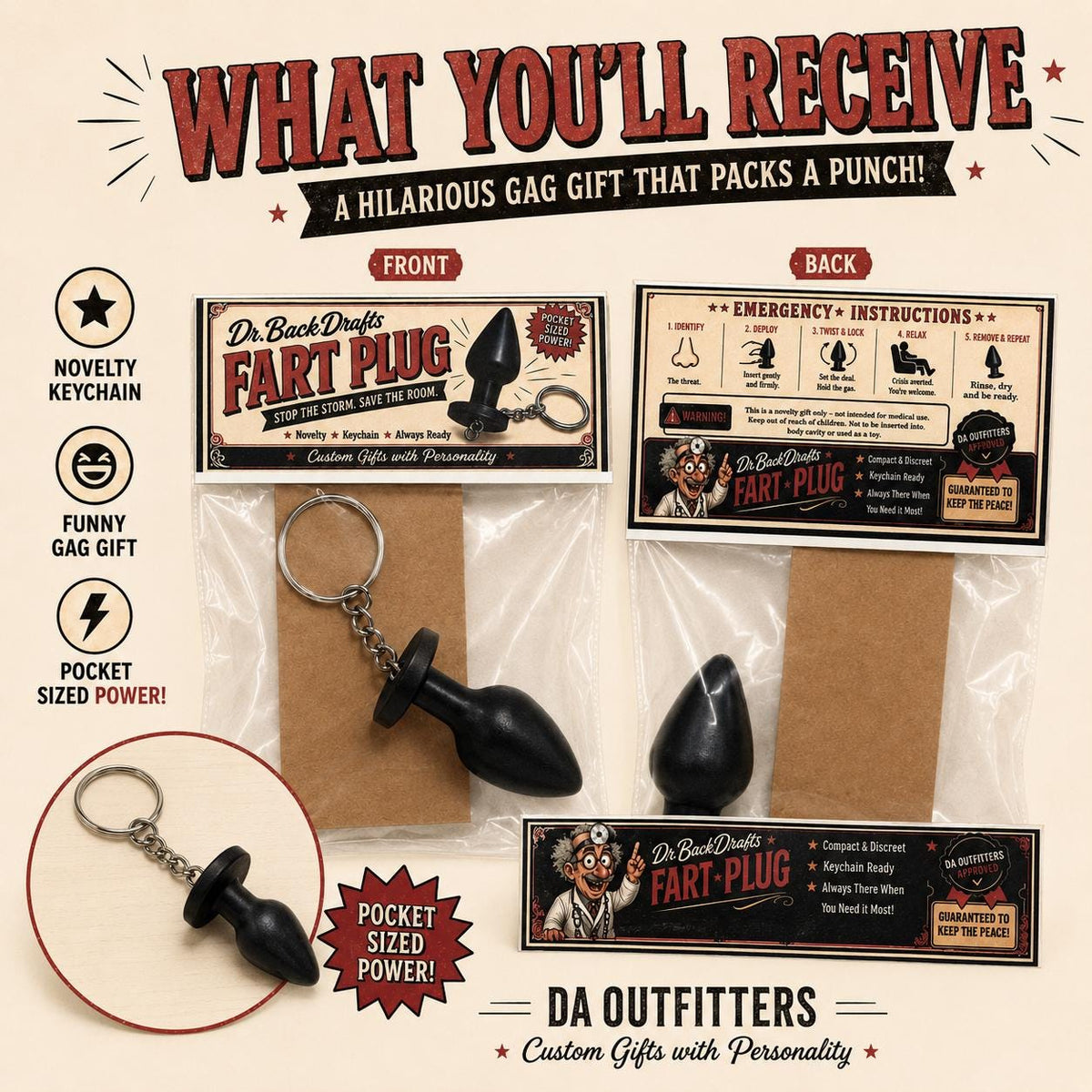 Dr. BackDrafts Fart Plug Novelty Keychain | Funny Gag Gift | White Elephant Gift | Coworker Prank | Adult Humor Stocking Stuffer